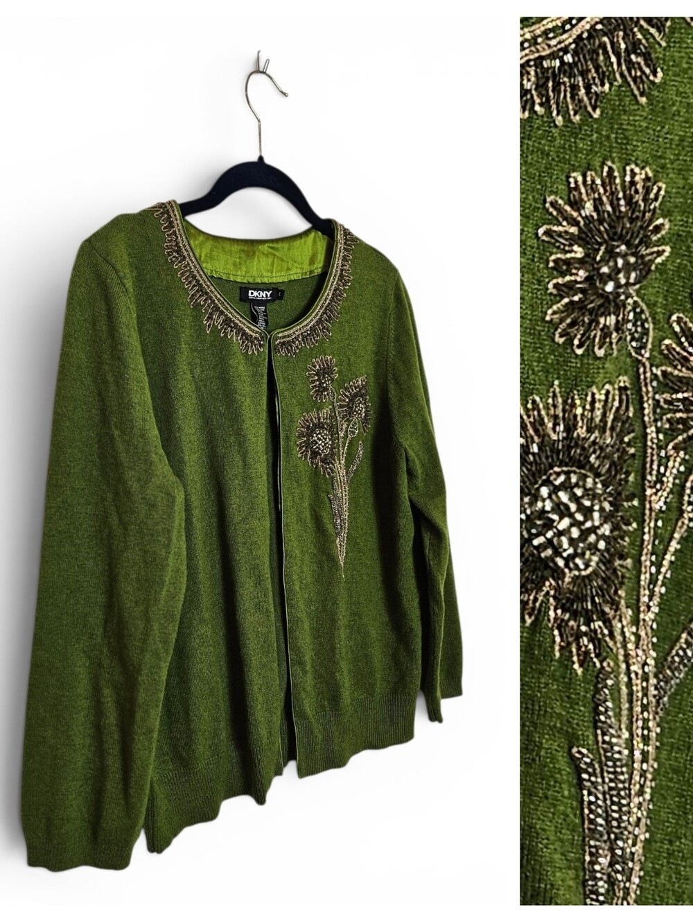 DKNY Cardigan Sweater L Beaded Embroidered Wool Blend Y2K Cottagecore Olive